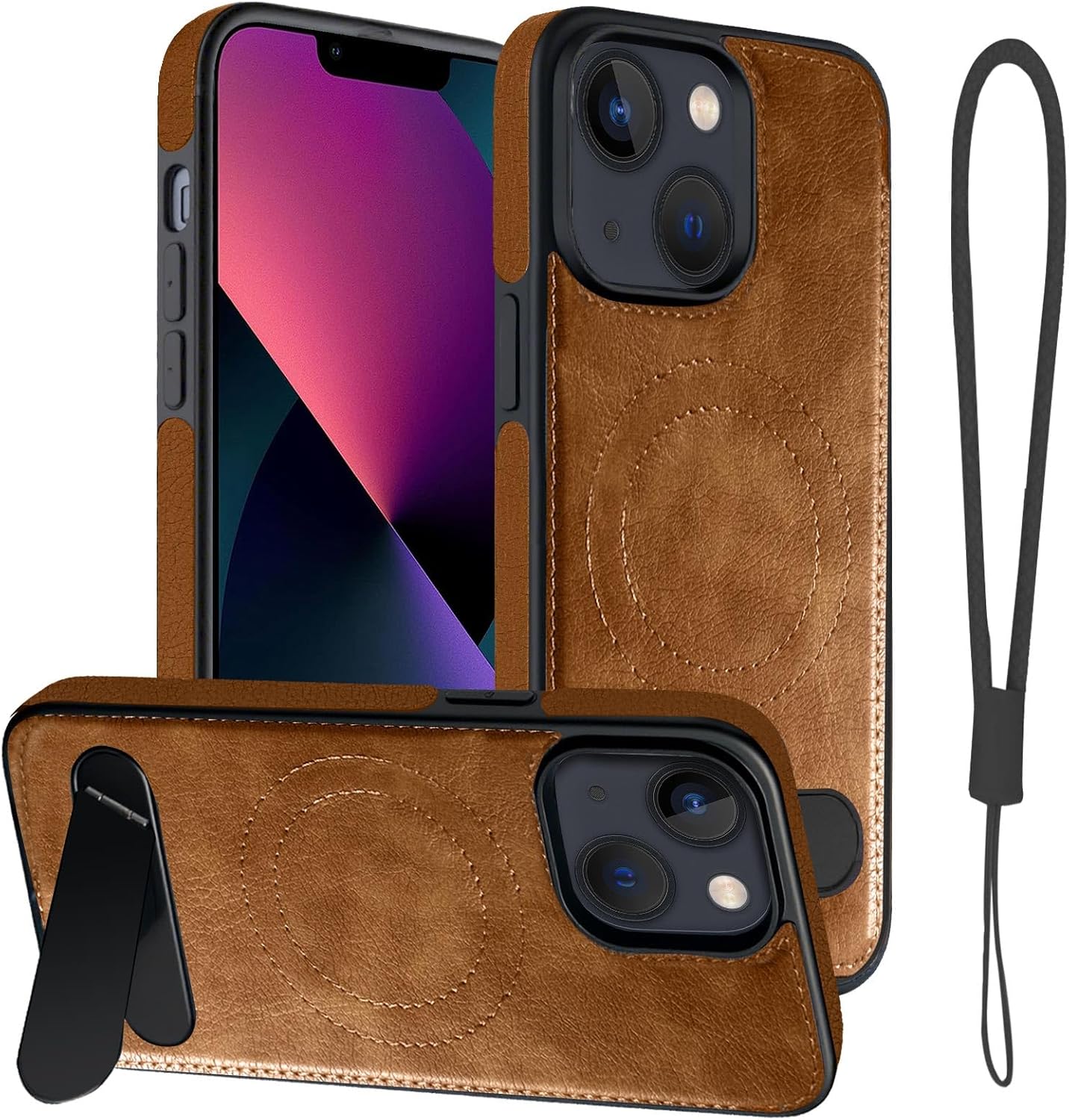 Magnetic for iPhone 14 Leather Case, for iPhone 13 Phone Case, Built-in Stand, Compatible with MagSafe, Silicone Strap, TPU Interior Protective, Shockproof Slim Cover (Brown)